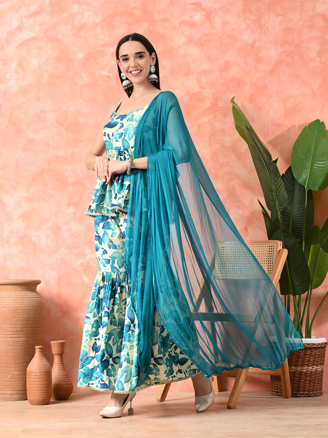 Floral Printed A-Line Kurti With Sharara & Dupatta