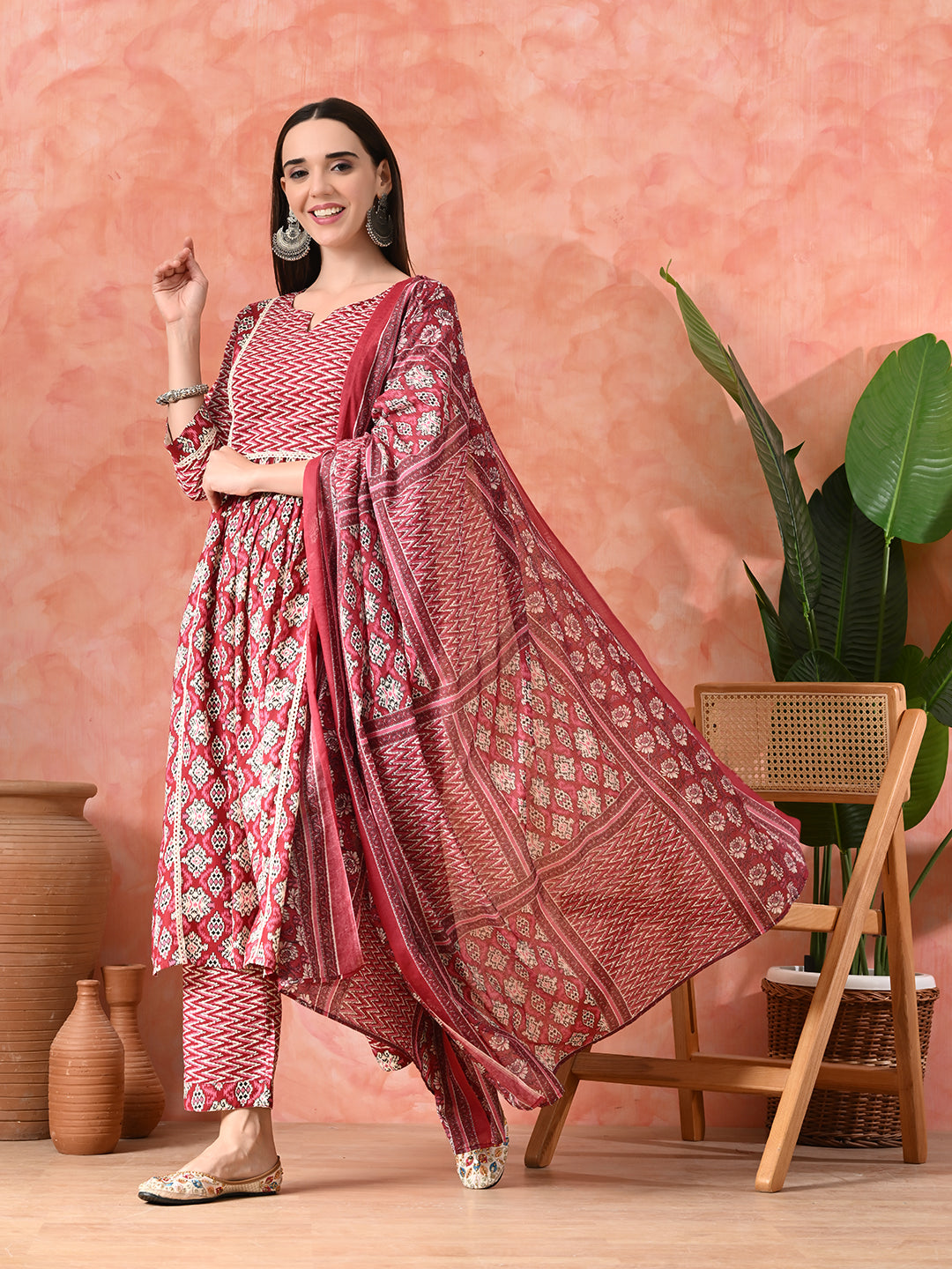 Printed A-Line Kurta With Trousers & Dupatta