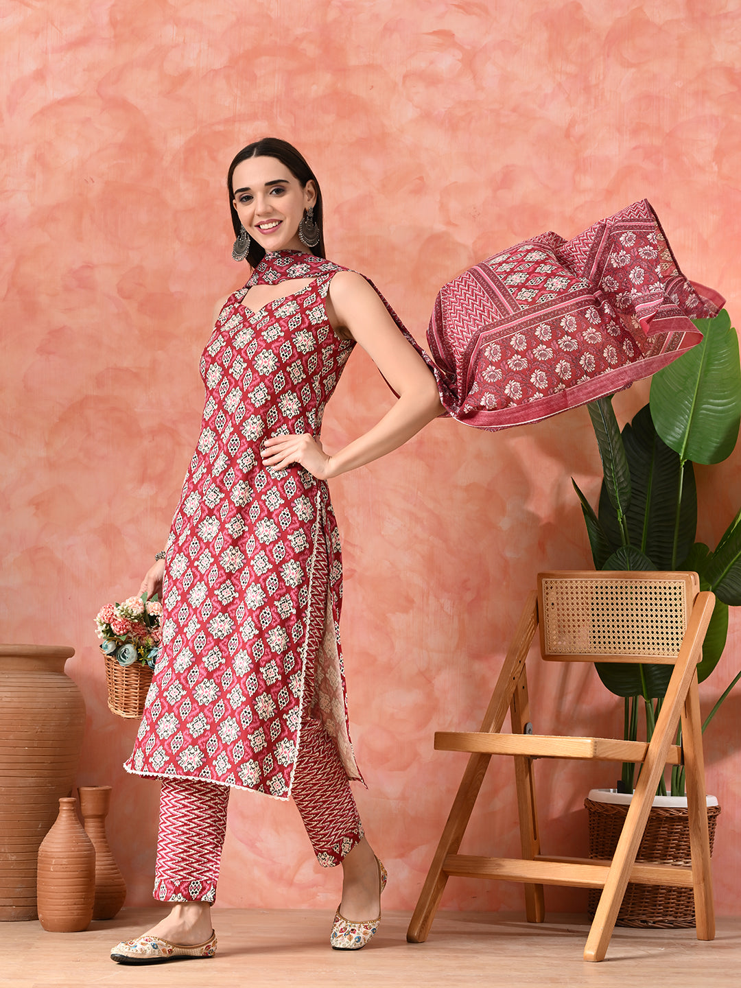 Printed A-Line Kurta With Trousers & Dupatta