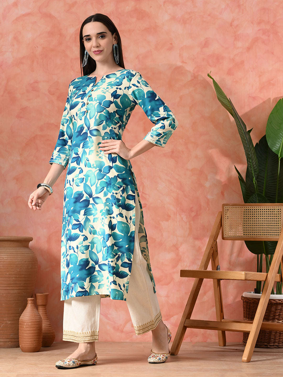 Floral Printed A-Line Kurta With Trousers