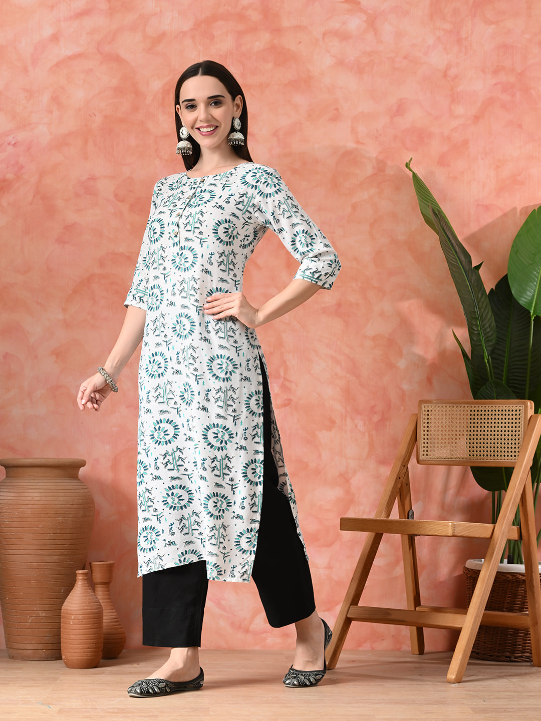 Women's Elegant White & Green Printed Viscose Rayon Kurta with Black Palazzo Set