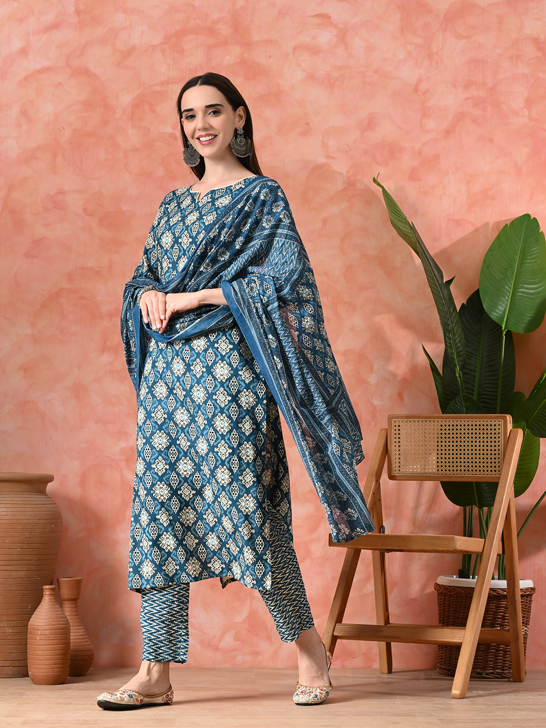 Printed A-Line Kurta With Trousers & Dupatta