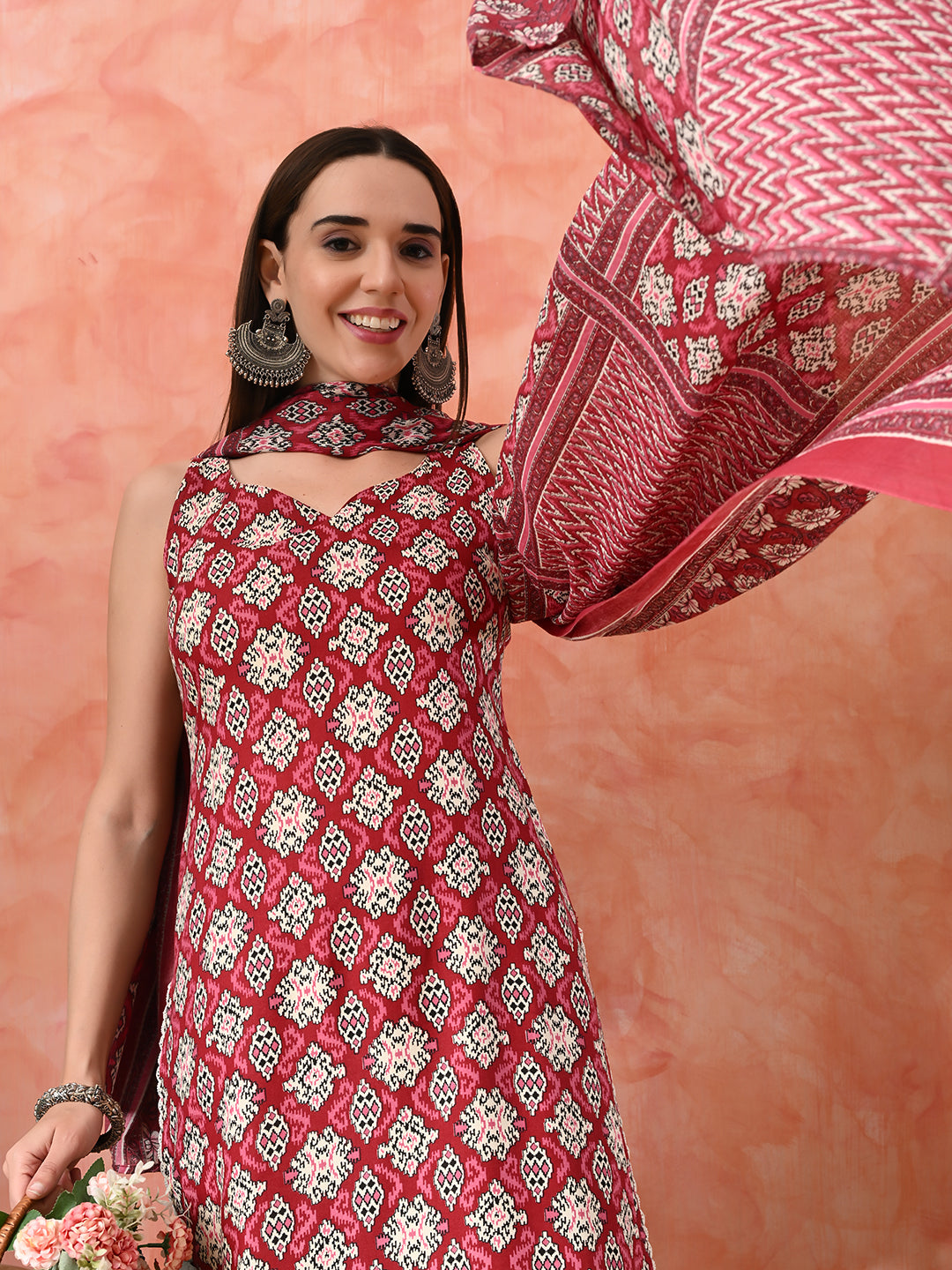 Printed A-Line Kurta With Trousers & Dupatta
