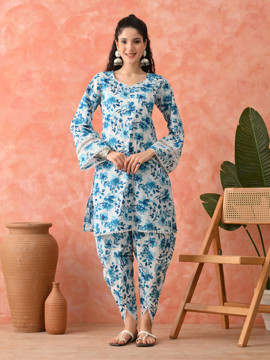 Women Floral Printed Cotton Kurta with Dhoti Pant