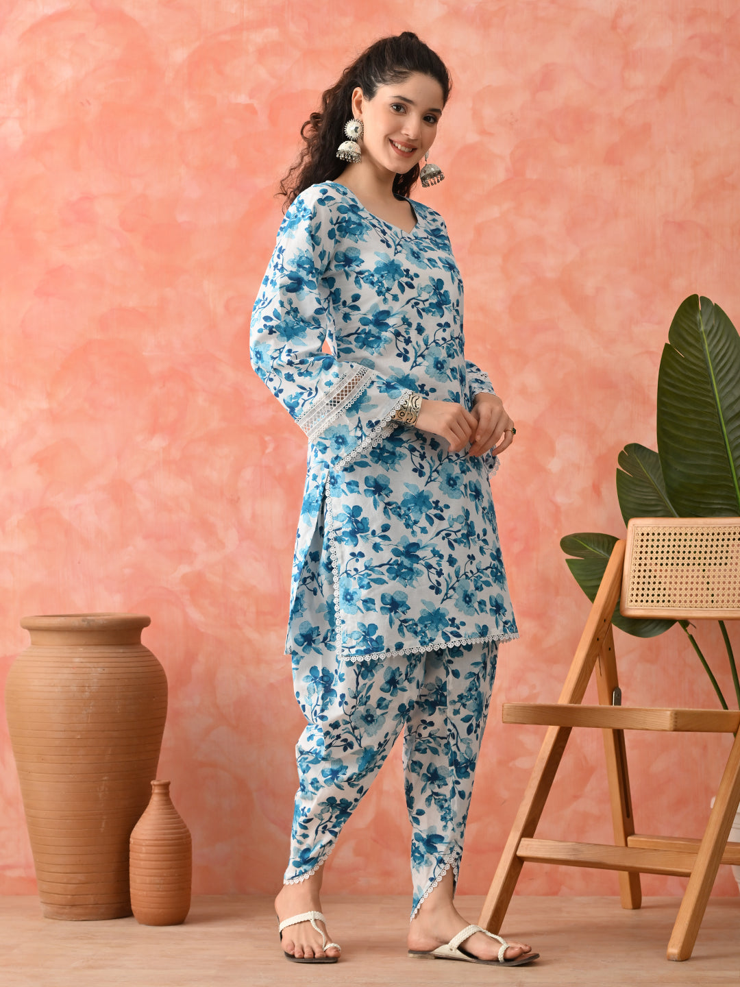 Women Floral Printed Cotton Kurta with Dhoti Pant