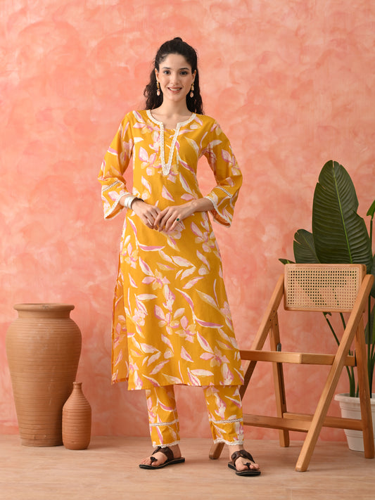 Women Floral Printed Pure Cotton Straight Kurta & Trousers Kurta Sets