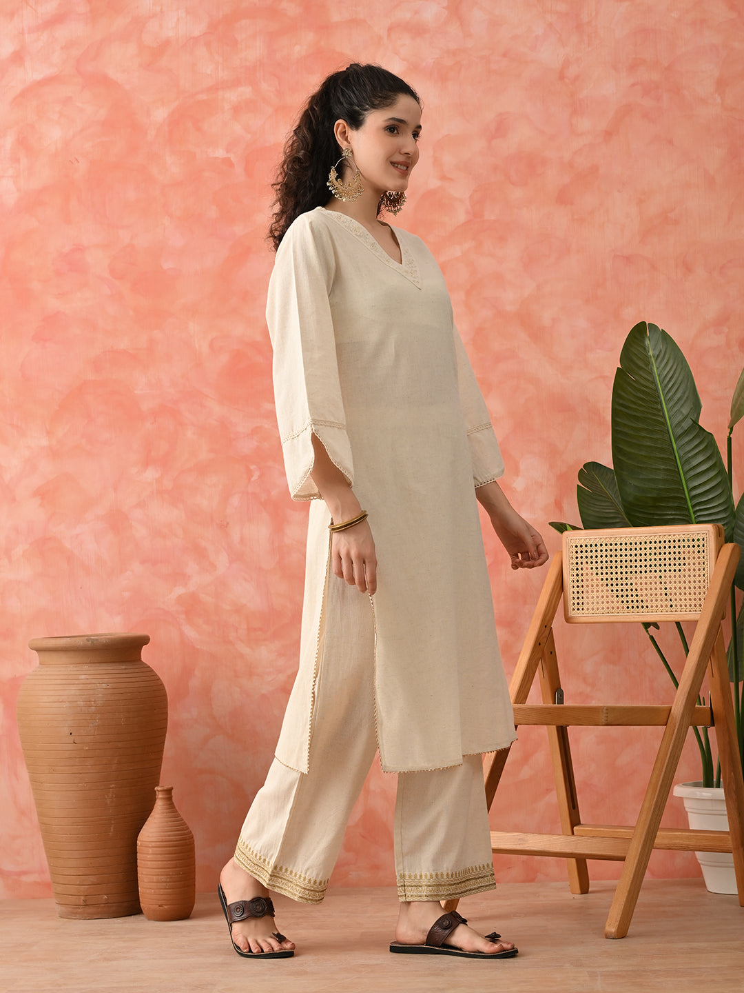 Embroidered Thread Work Pure Cotton Kurta with Palazzos
