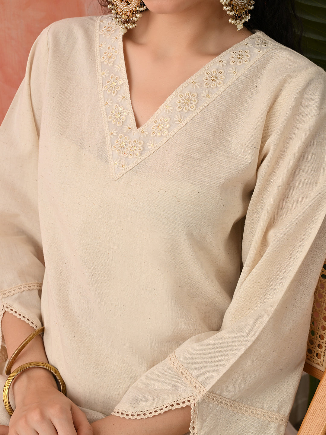 Embroidered Thread Work Pure Cotton Kurta with Palazzos
