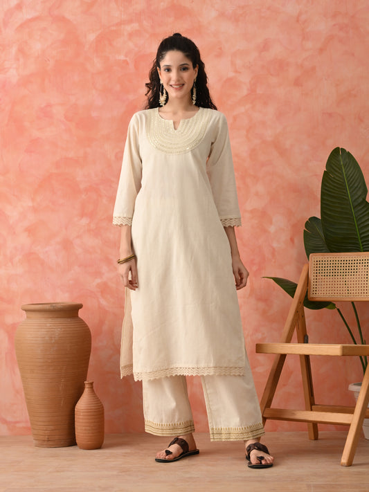 Women Embroidered Pure Cotton Straight Kurta Set