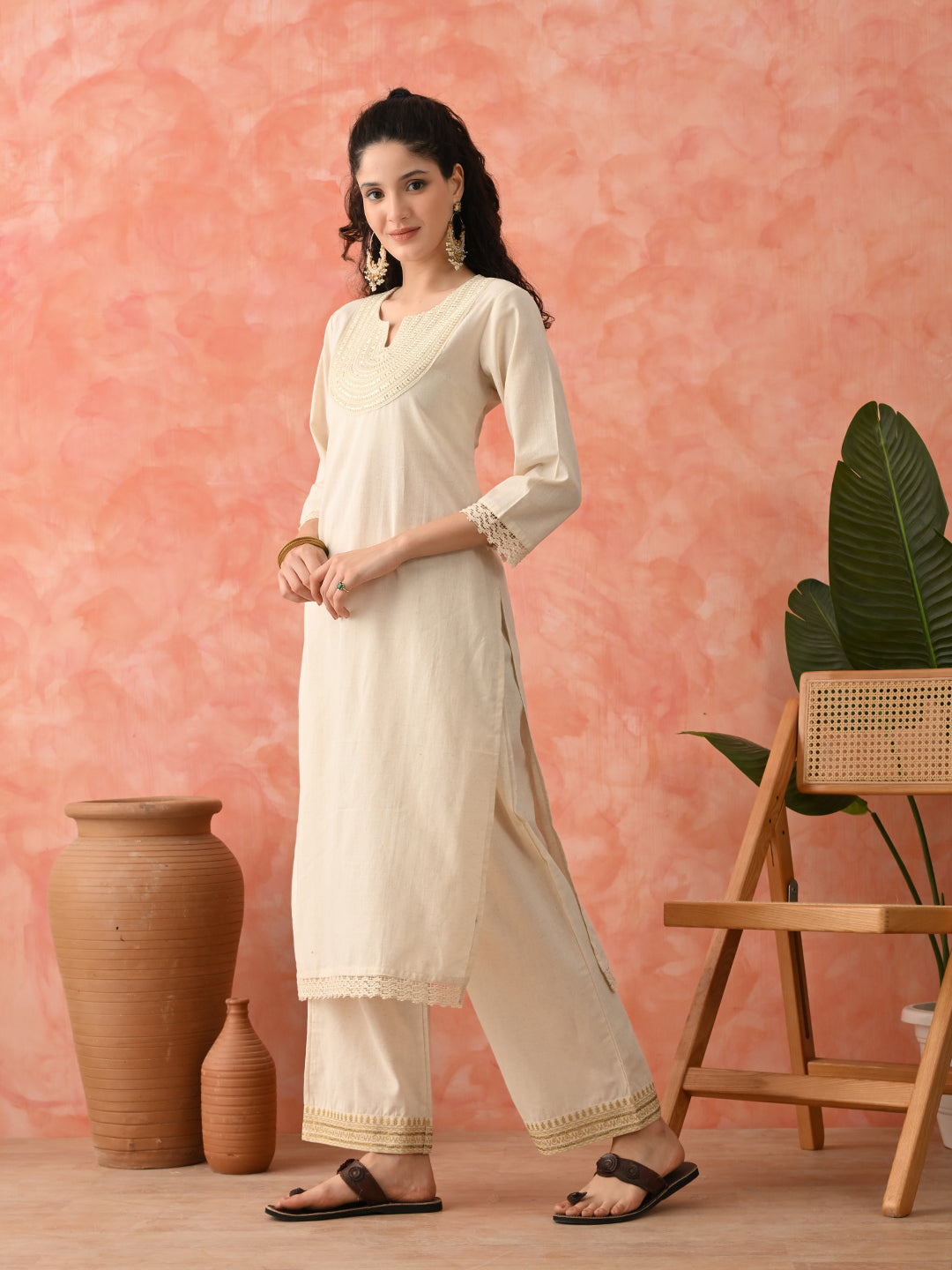 Women Embroidered Pure Cotton Straight Kurta Set