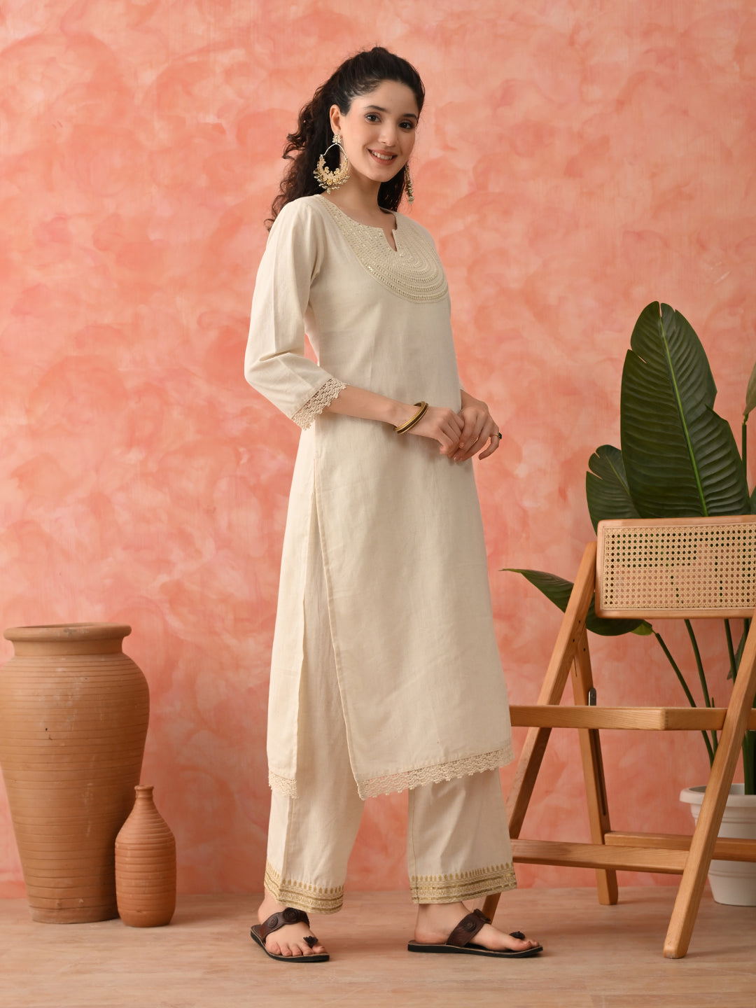 Women Embroidered Pure Cotton Straight Kurta Set