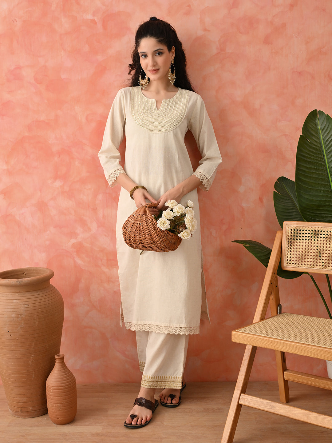 Women Embroidered Pure Cotton Straight Kurta Set