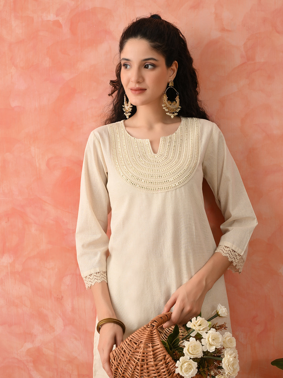Women Embroidered Pure Cotton Straight Kurta Set