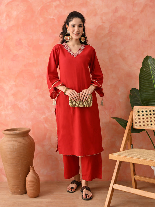 Women Floral Embroidered Cotton Kurta with Palazzo