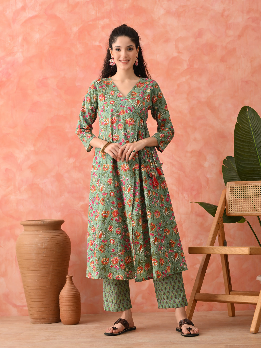 Floral Printed V-Neck Angrakha Kurta & Trousers With Dupatta