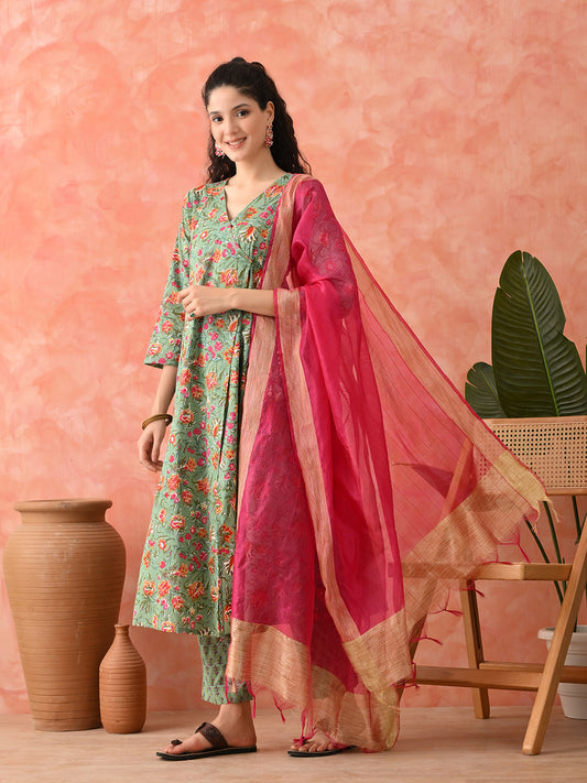 Floral Printed V-Neck Angrakha Kurta & Trousers With Dupatta