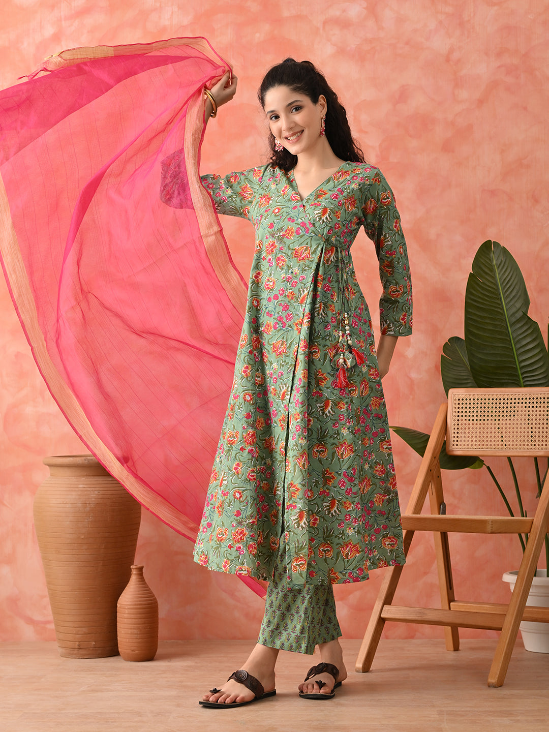Floral Printed V-Neck Angrakha Kurta & Trousers With Dupatta
