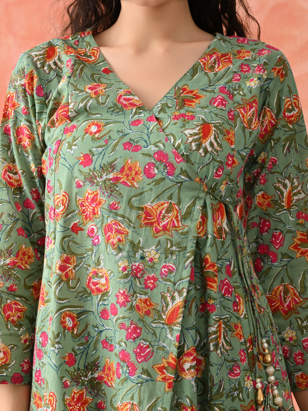 Floral Printed V-Neck Angrakha Kurta & Trousers With Dupatta
