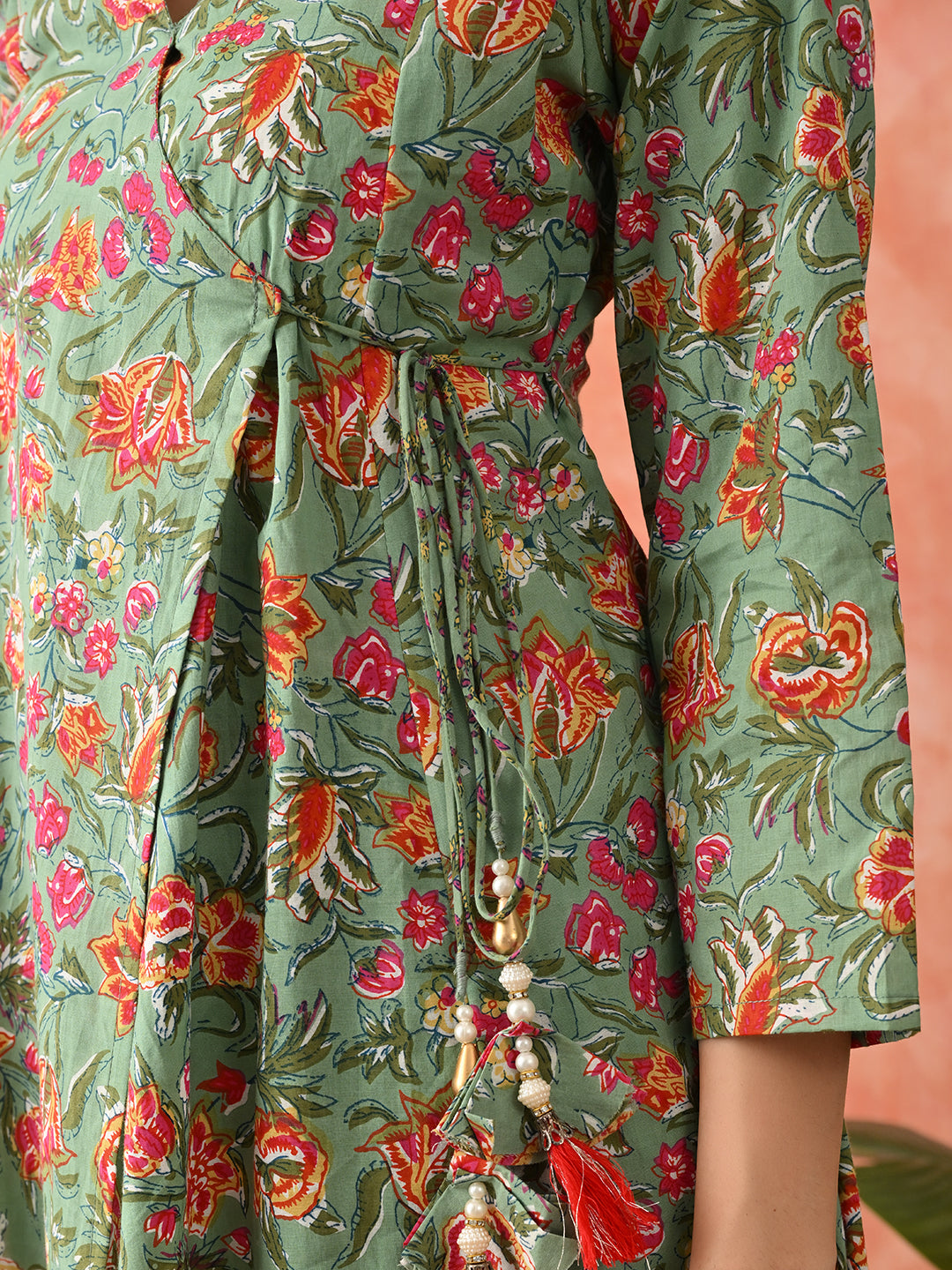 Floral Printed V-Neck Angrakha Kurta & Trousers With Dupatta