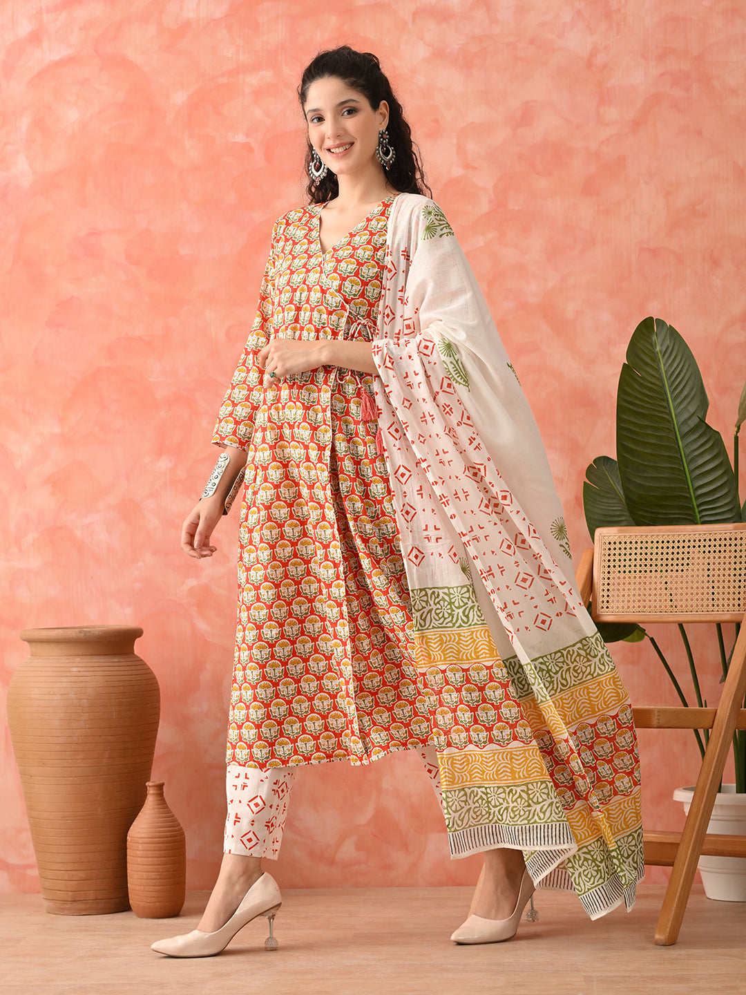 Women Floral Printed Cotton Kurta with Trousers & Dupatta