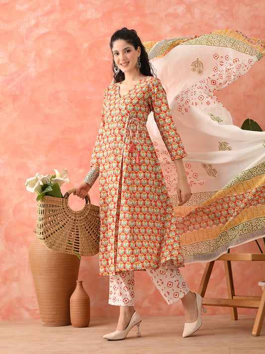 Women Floral Printed Cotton Kurta with Trousers & Dupatta