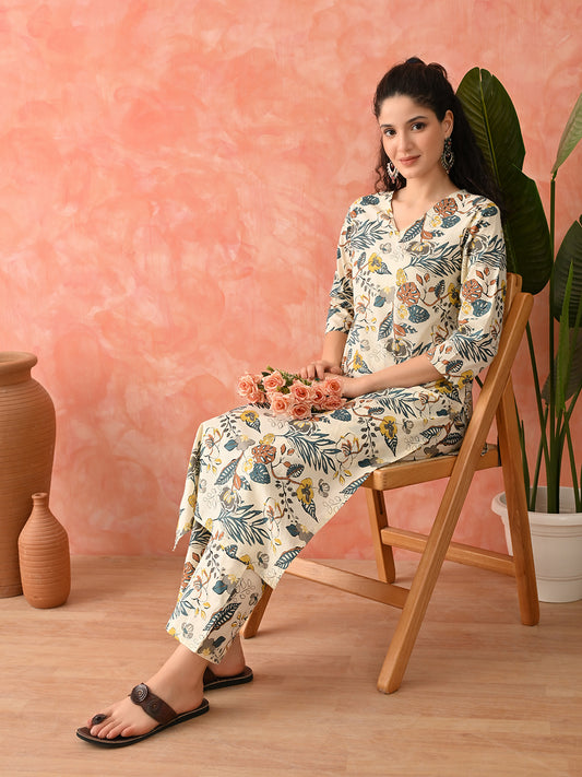 Effortless Style: Women's Pure Cotton Floral Print Kurta & Pant Set