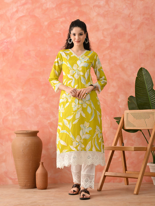 Floral Printed V-Neck Pure Cotton Straight Kurta With Trousers
