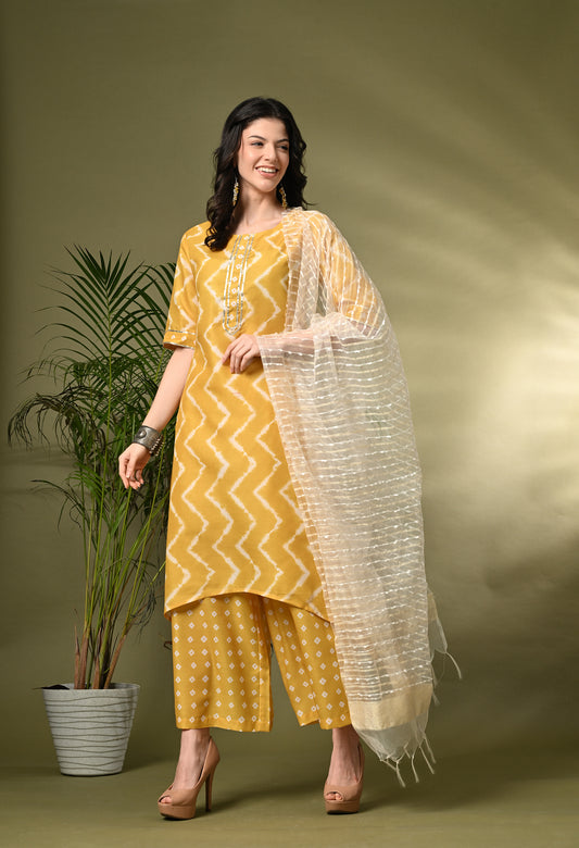 Vibrant & Chic: Women's Mustard Yellow Printed Poly Muslin Kurta Set with Art Silk Dupatta