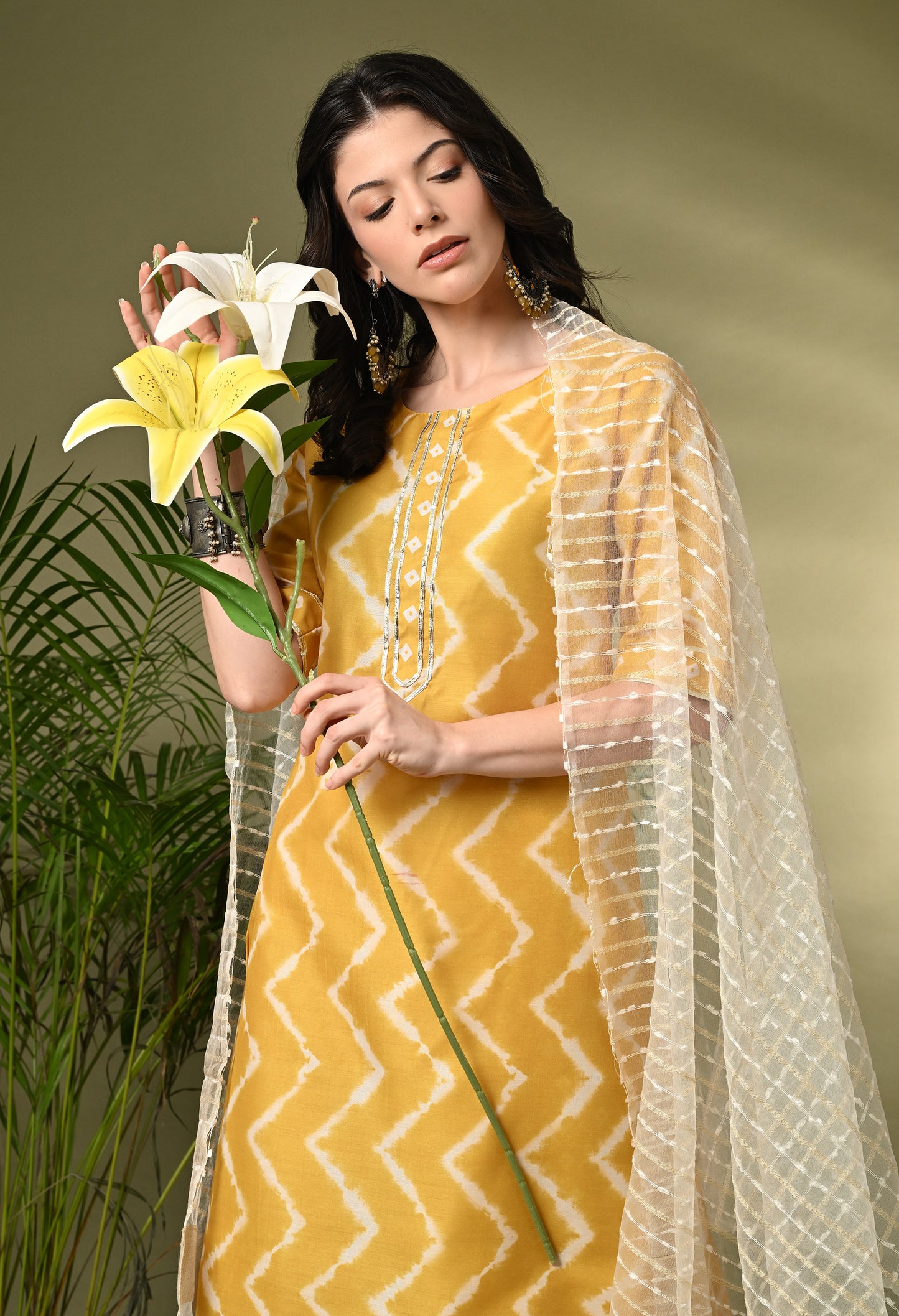 Vibrant & Chic: Women's Mustard Yellow Printed Poly Muslin Kurta Set with Art Silk Dupatta