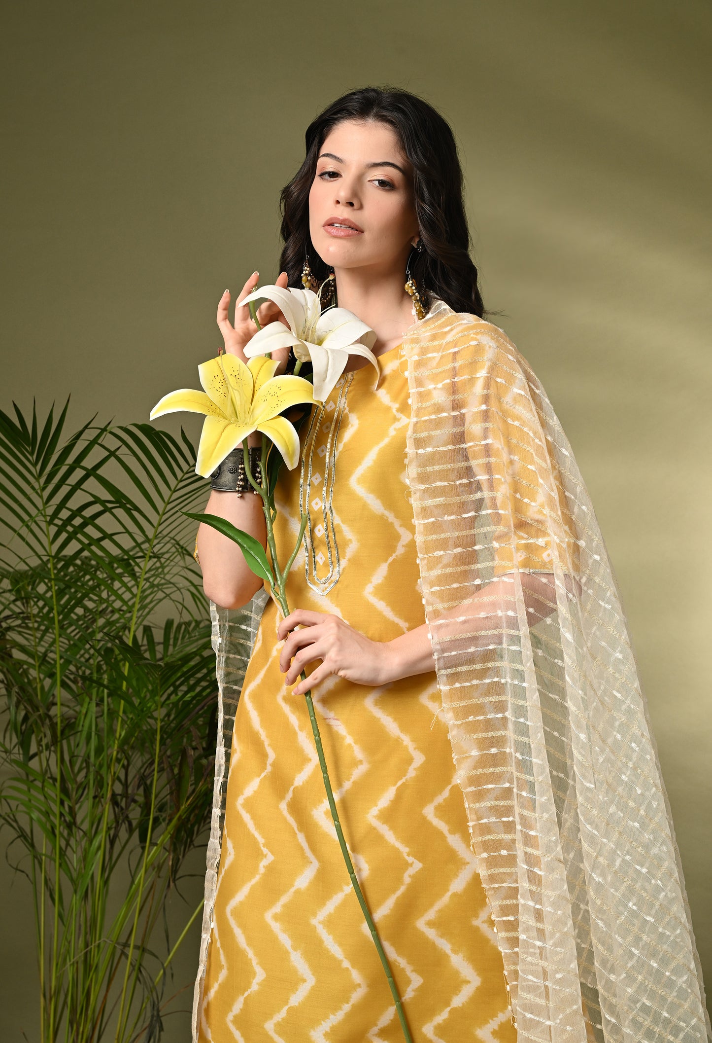 Vibrant & Chic: Women's Mustard Yellow Printed Poly Muslin Kurta Set with Art Silk Dupatta
