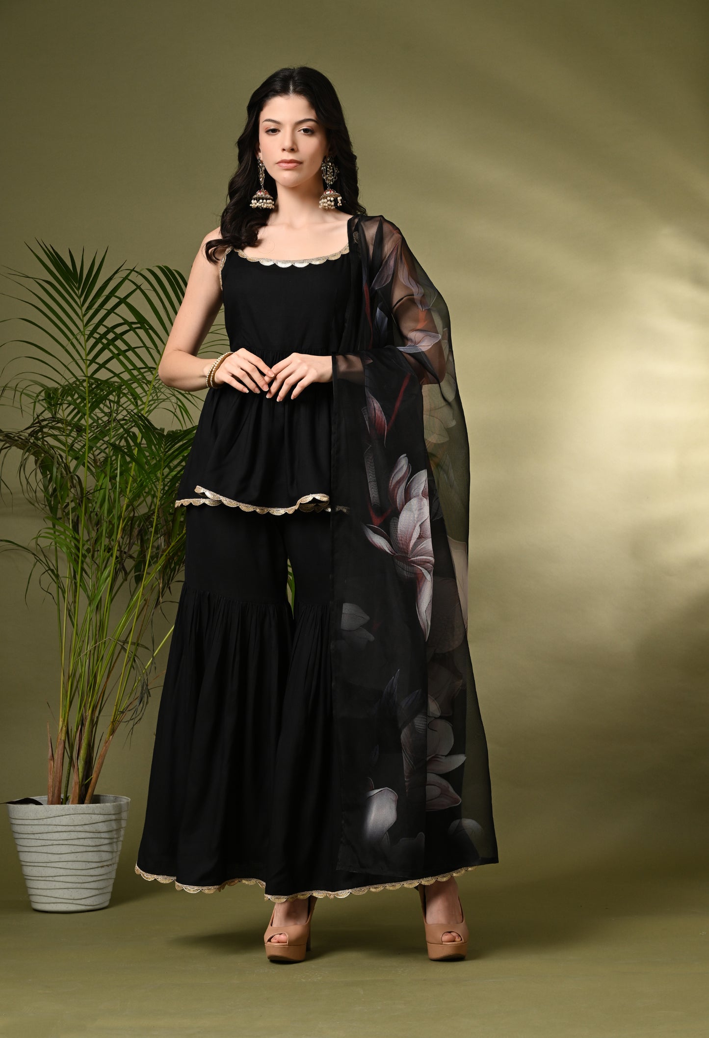 Sophisticated Glamour: Women's Black Viscose Rayon Peplum Kurta Sharara Set with Floral Organza Dupatta