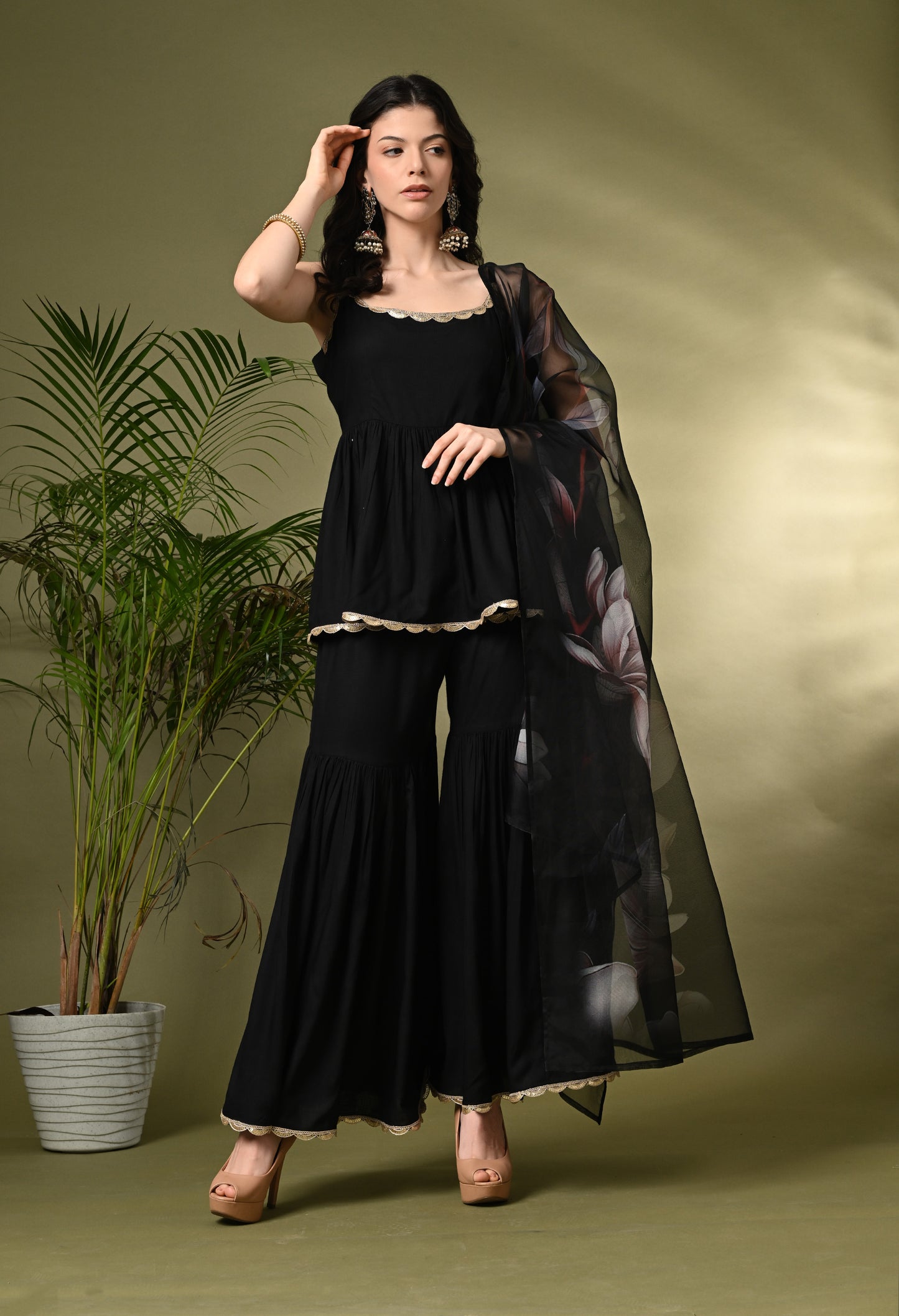 Sophisticated Glamour: Women's Black Viscose Rayon Peplum Kurta Sharara Set with Floral Organza Dupatta