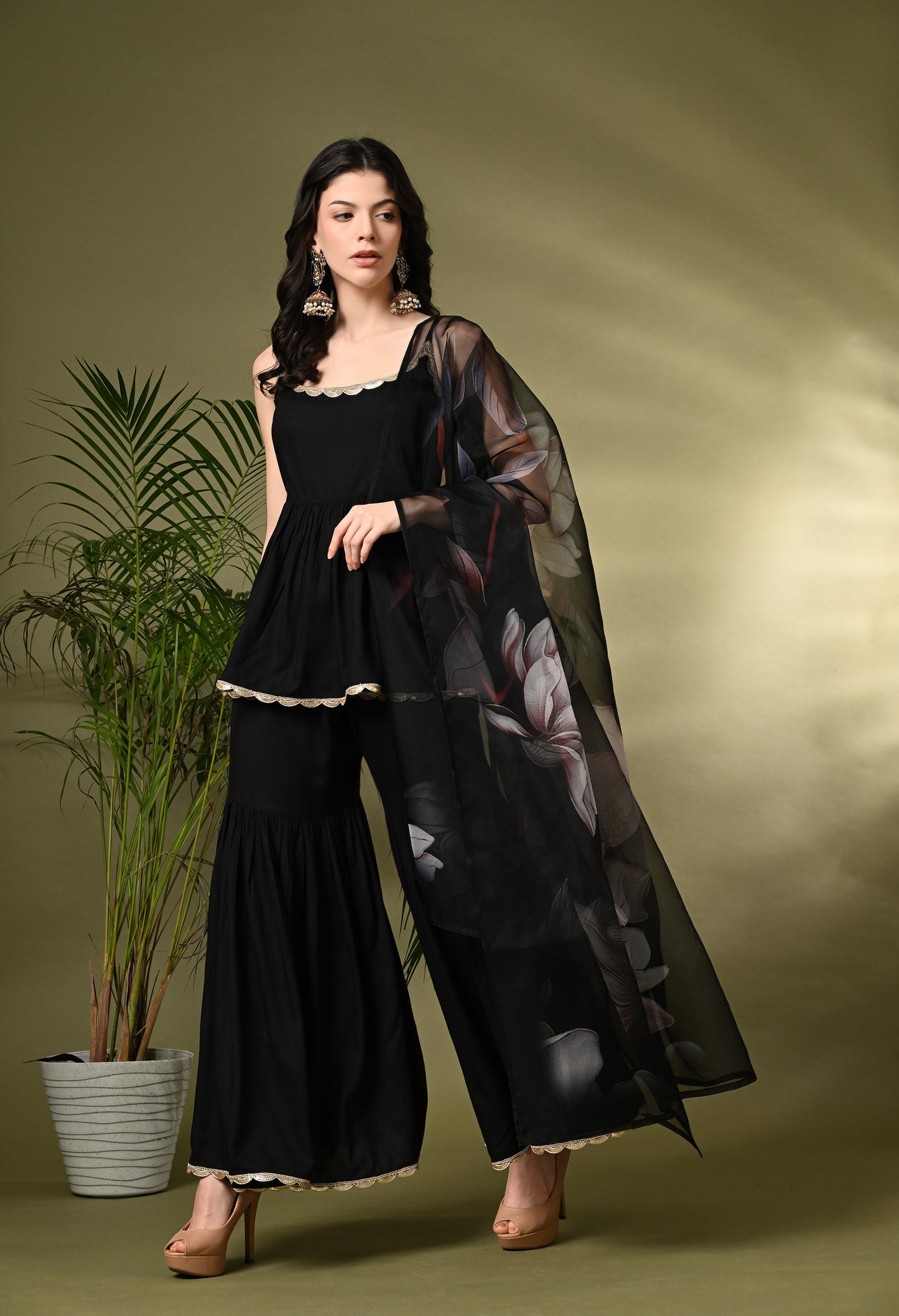 Sophisticated Glamour: Women's Black Viscose Rayon Peplum Kurta Sharara Set with Floral Organza Dupatta