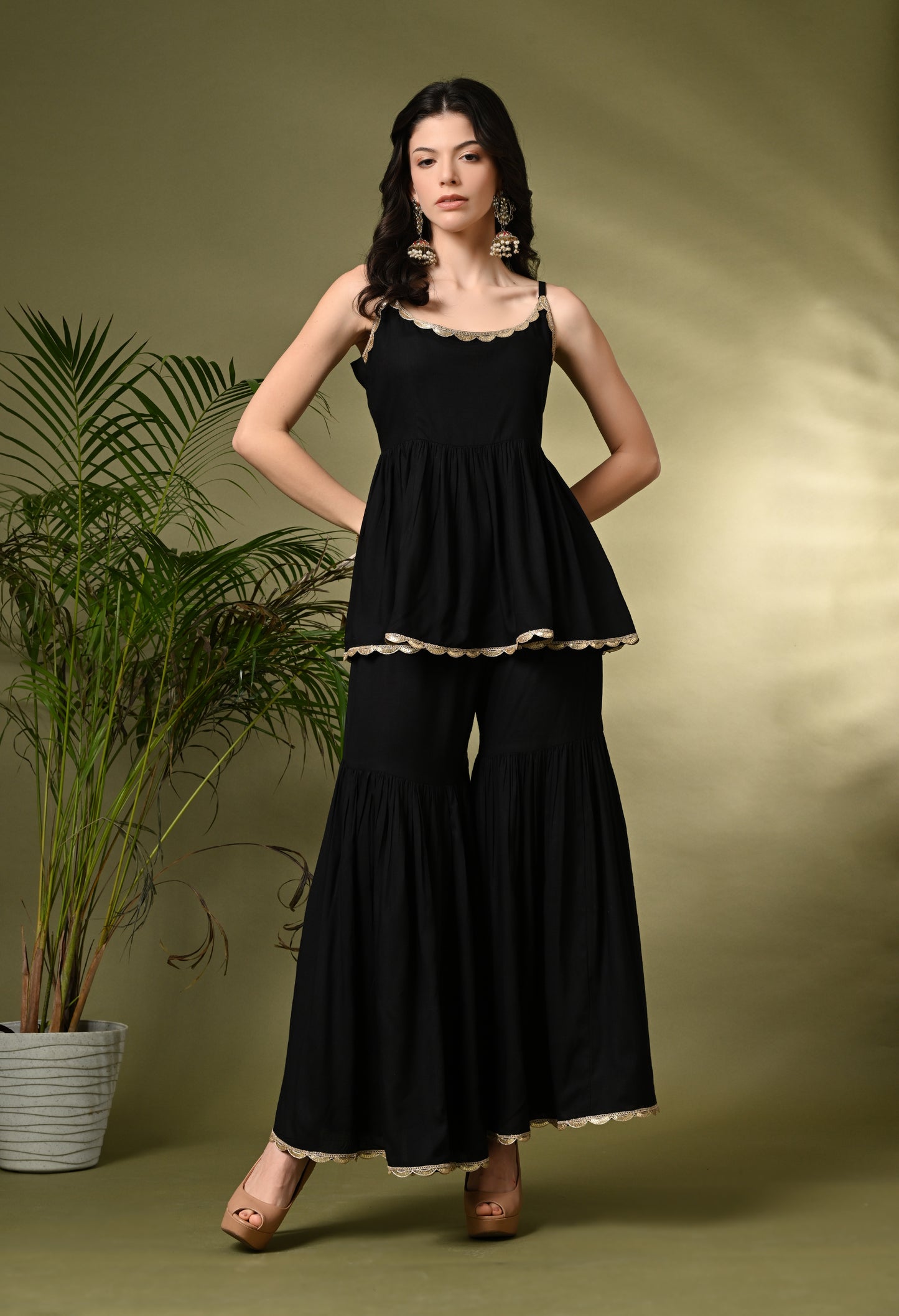 Sophisticated Glamour: Women's Black Viscose Rayon Peplum Kurta Sharara Set with Floral Organza Dupatta