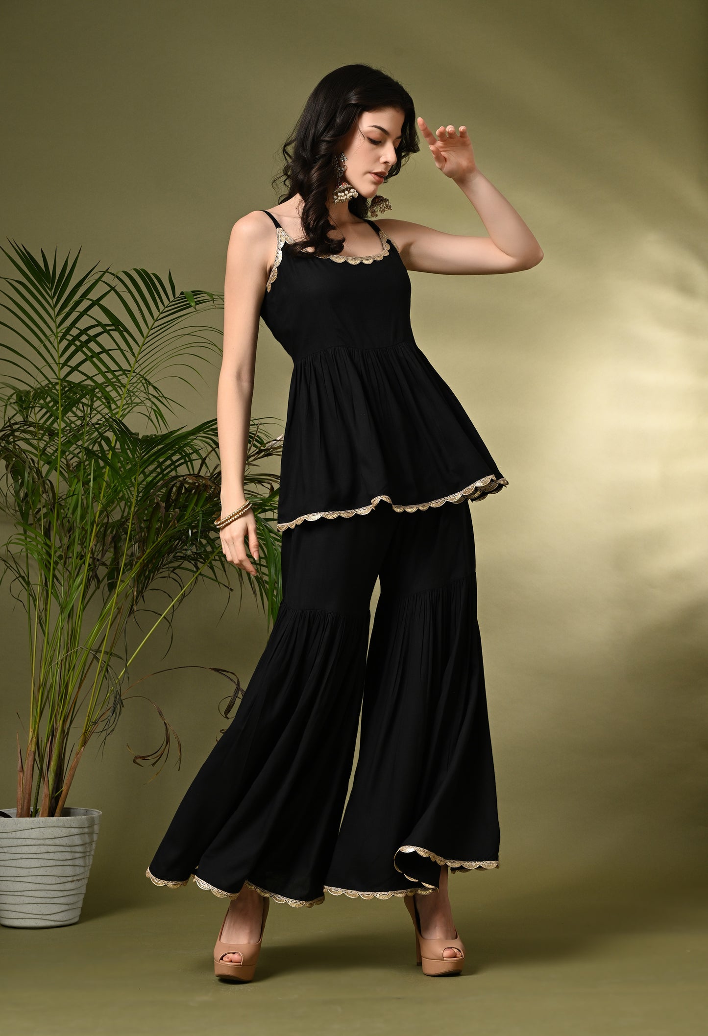 Sophisticated Glamour: Women's Black Viscose Rayon Peplum Kurta Sharara Set with Floral Organza Dupatta