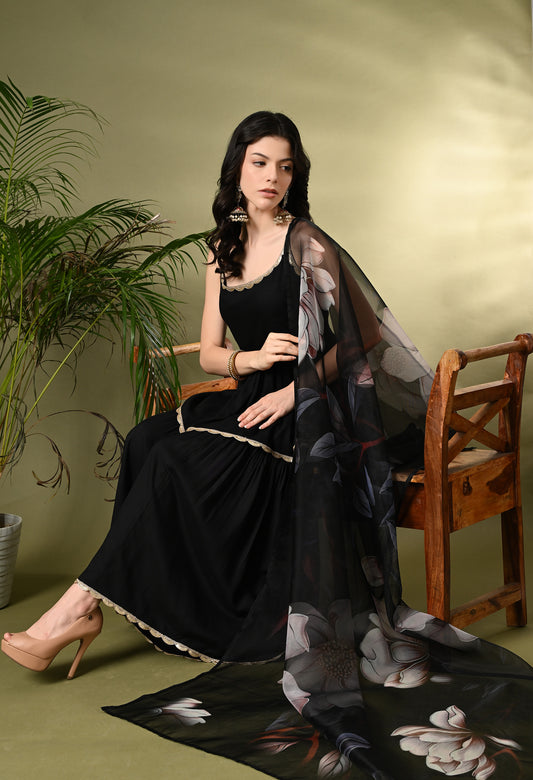 Sophisticated Glamour: Women's Black Viscose Rayon Peplum Kurta Sharara Set with Floral Organza Dupatta