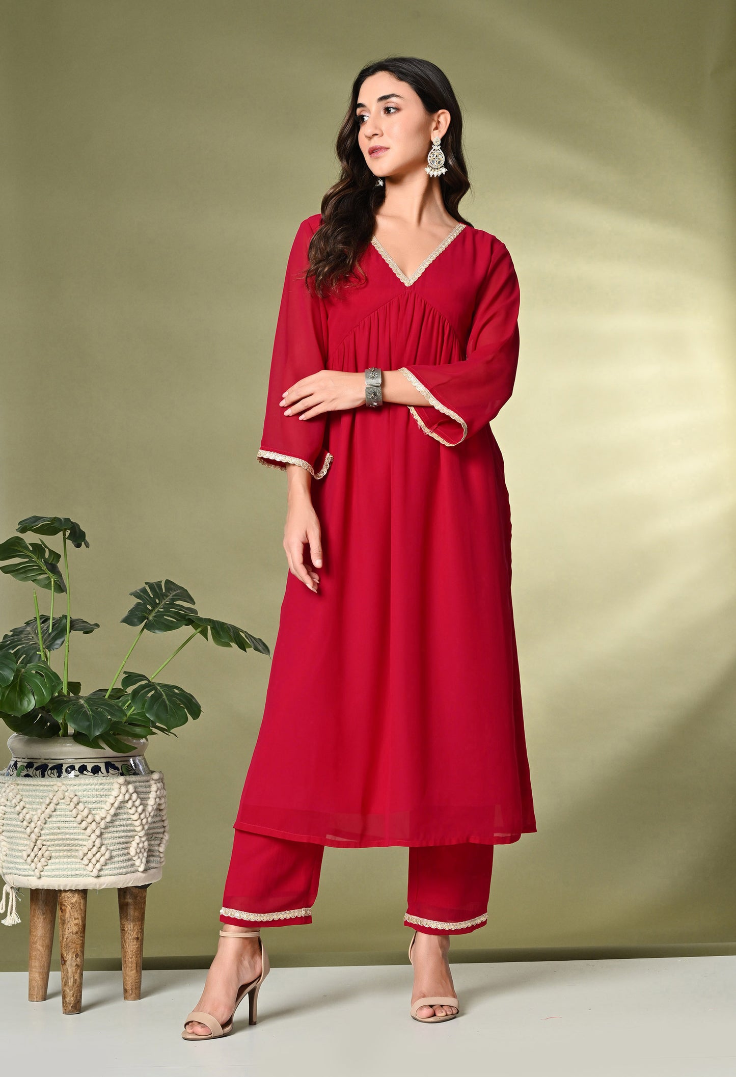 Red V-Neck Georgette A-Line Kurta With Trousers