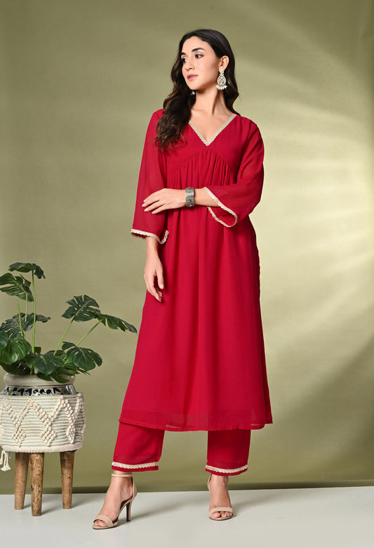 Red V-Neck Georgette A-Line Kurta With Trousers