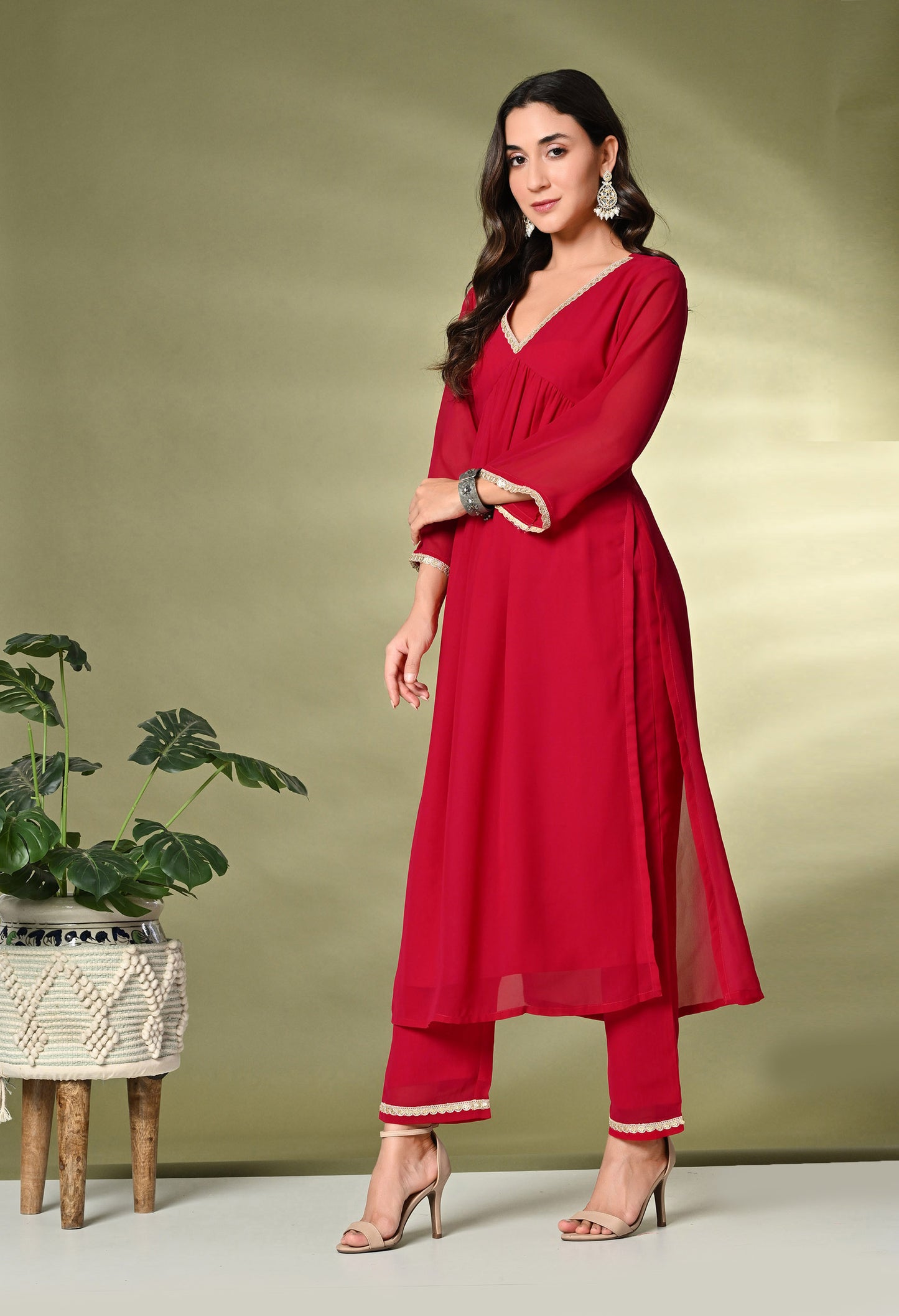 Red V-Neck Georgette A-Line Kurta With Trousers