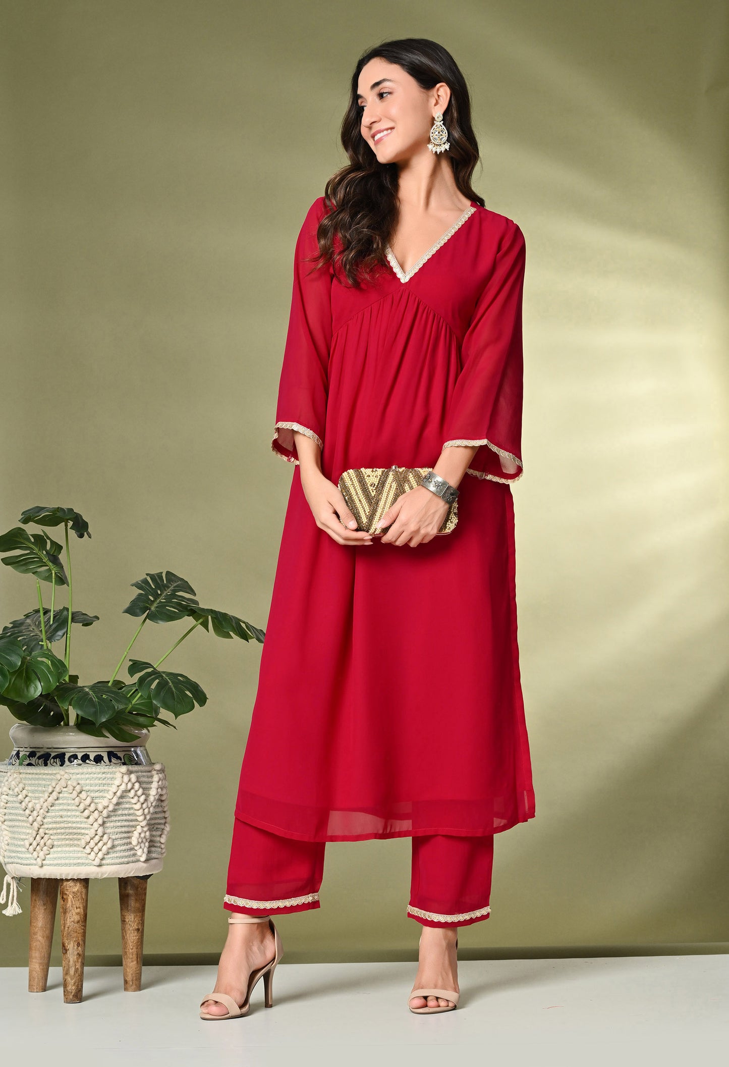 Red V-Neck Georgette A-Line Kurta With Trousers