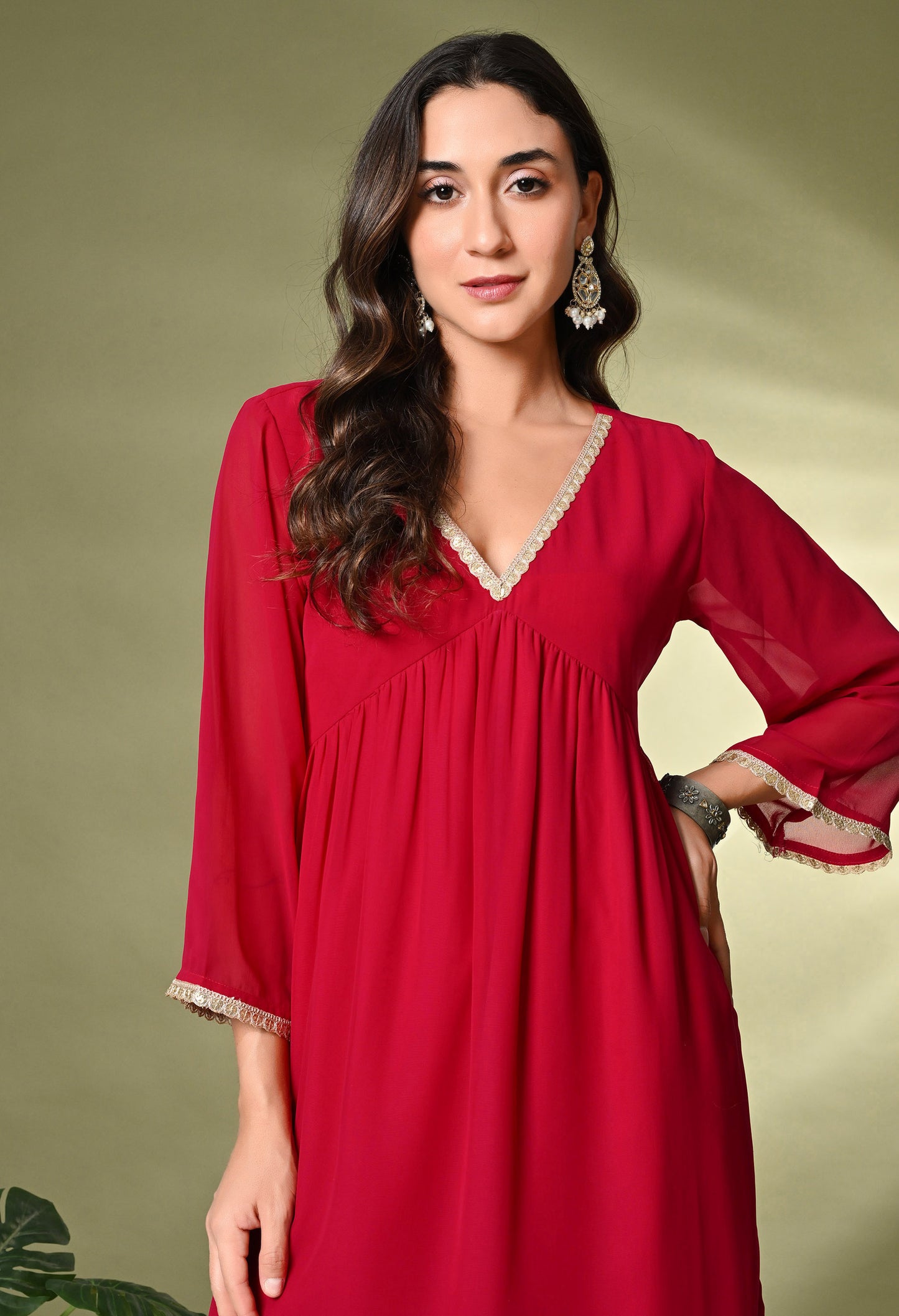 Red V-Neck Georgette A-Line Kurta With Trousers