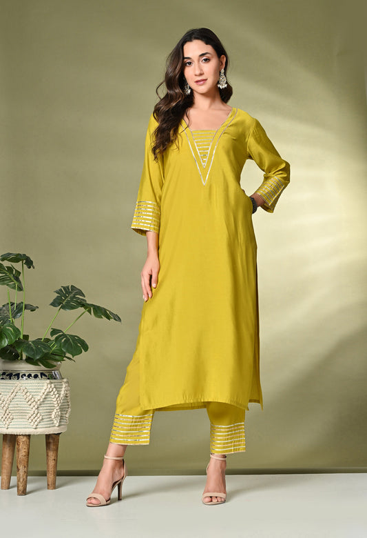 Lime Green Gotta Patti A-Line Kurta With Palazzo