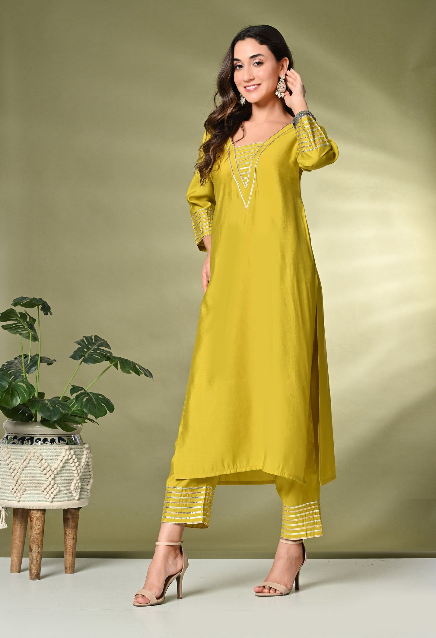 Lime Green Gotta Patti A-Line Kurta With Palazzo