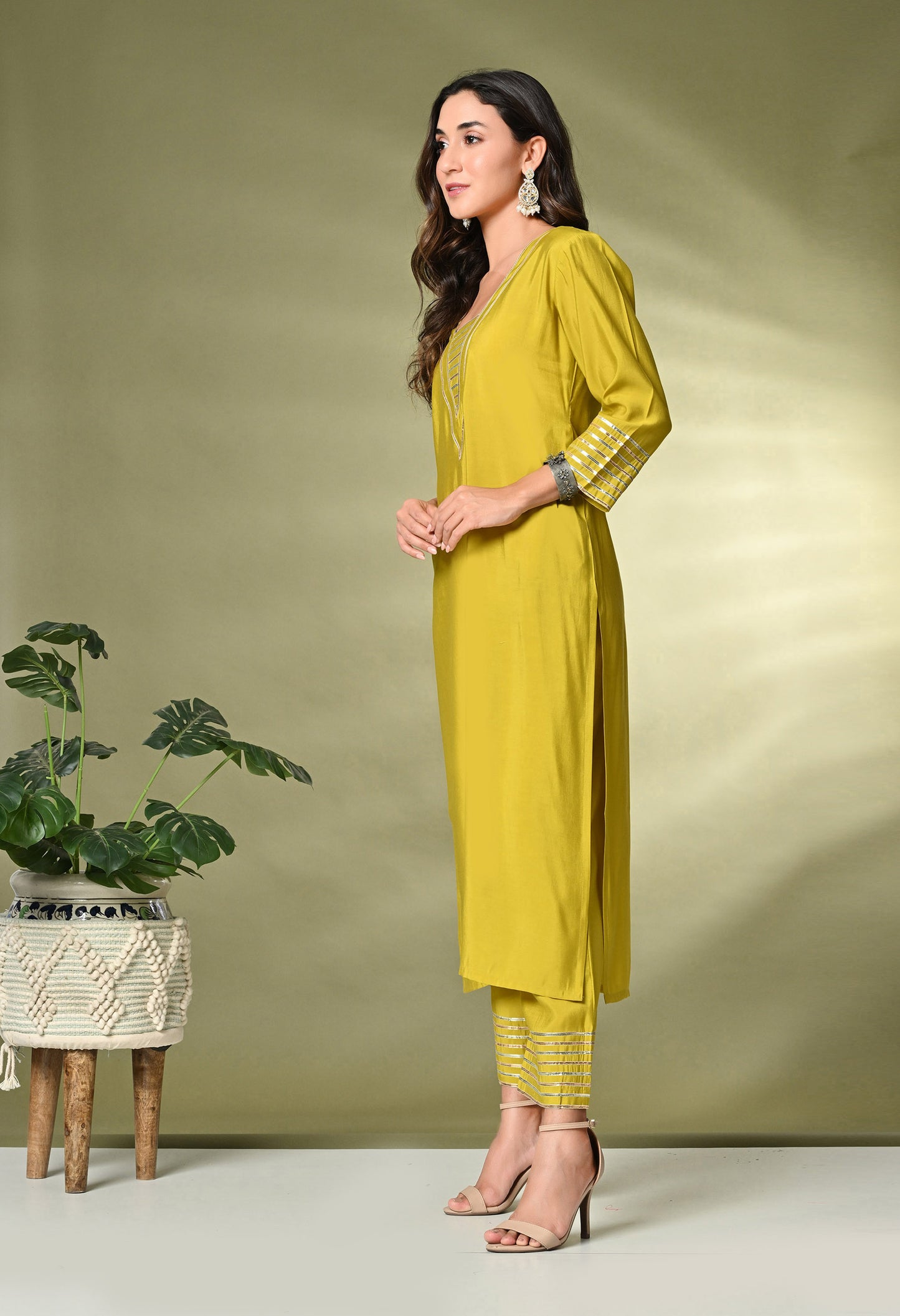 Lime Green Gotta Patti A-Line Kurta With Palazzo