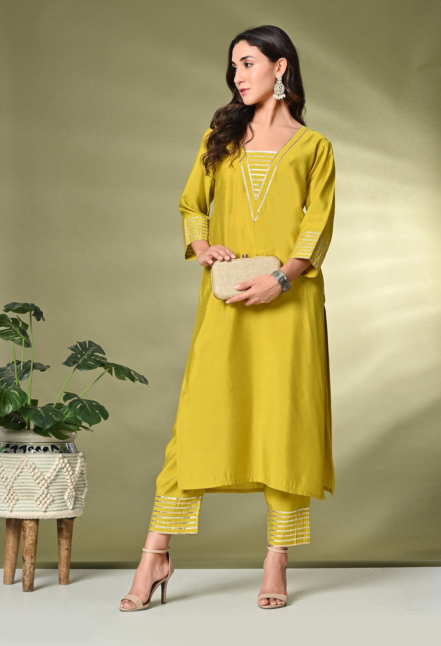 Lime Green Gotta Patti A-Line Kurta With Palazzo