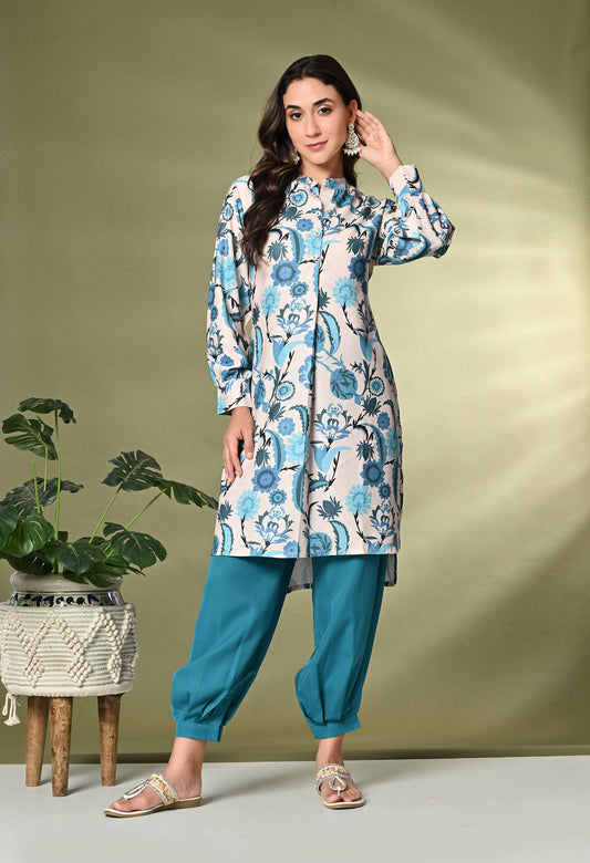 Off White & Blue Floral Printed A-Line Kurta With Salwar