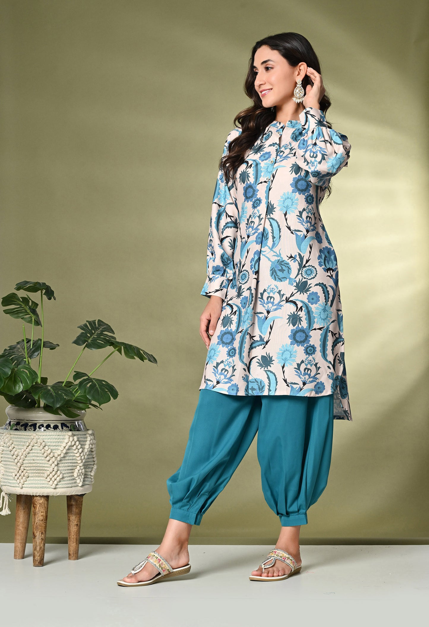 Off White & Blue Floral Printed A-Line Kurta With Salwar
