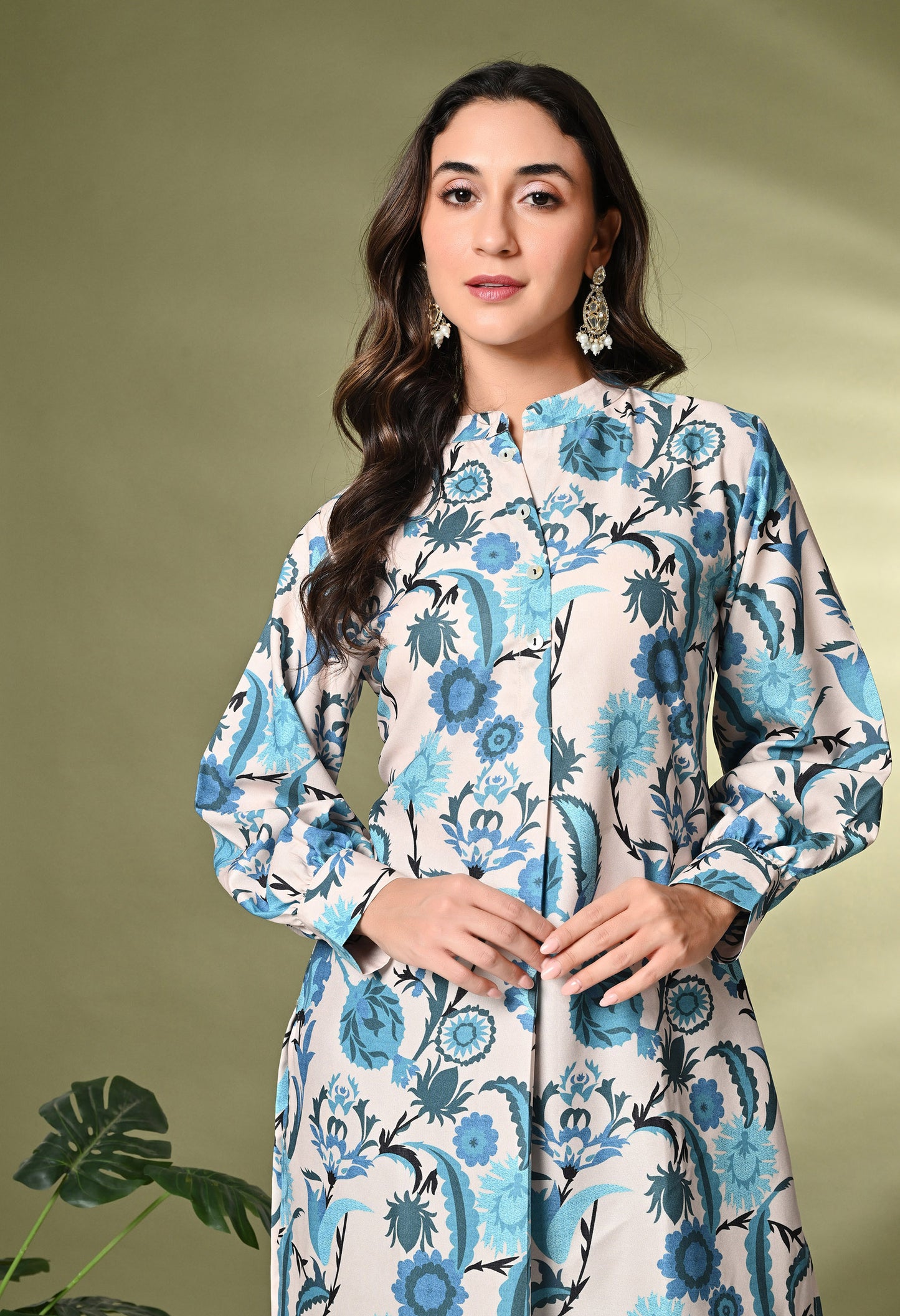Off White & Blue Floral Printed A-Line Kurta With Salwar