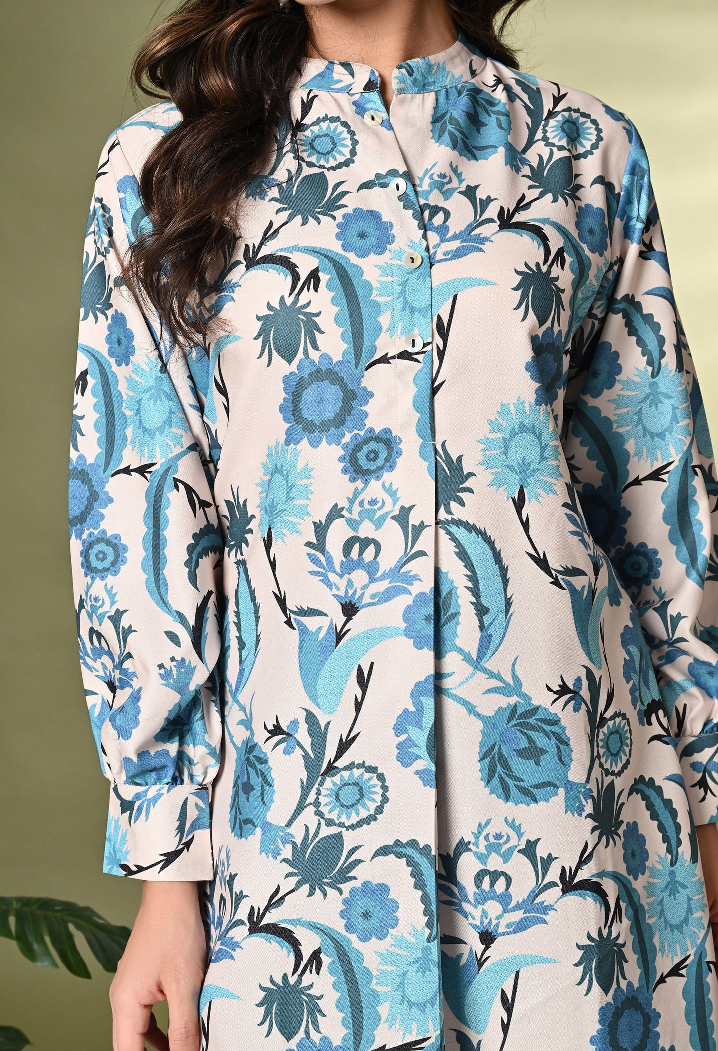 Off White & Blue Floral Printed A-Line Kurta With Salwar