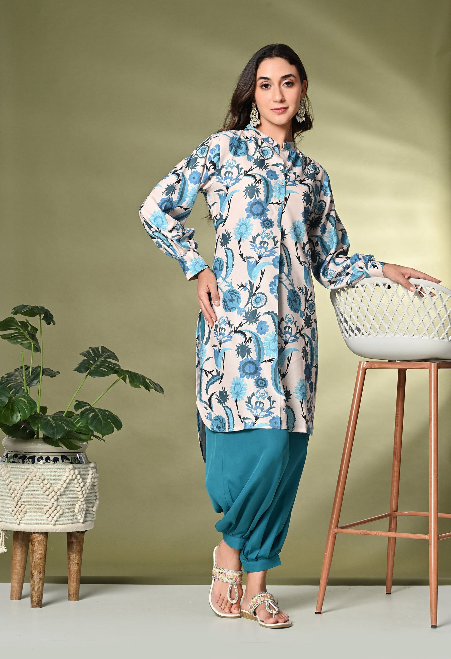 Off White & Blue Floral Printed A-Line Kurta With Salwar